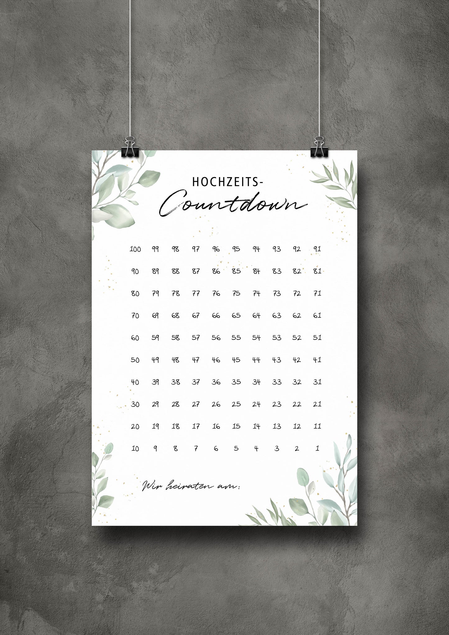 Hochzeitscountdown "100 Tage bis zur Hochzeit" - Greenery - A4